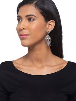 Digital Dress Room - Antique German Oxidized Chandra/Trishul White Pearl Earrings