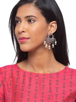 Digital Dress Room - German Oxidized Tribal Designs Engraved White Pearl Earrings