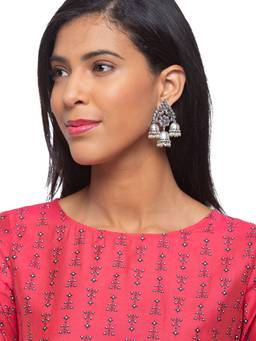 Digital Dress Room - German Oxidized Peacock/Floral Engraved White Jhumka Earrings
