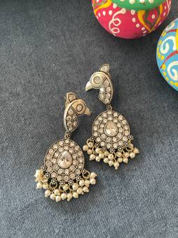 Digital Dress Room - German Oxidized Peacock Chandbali White Drop Earrings for Women