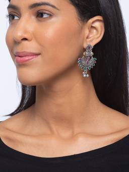 Digital Dress Room - German Oxidized Tribal Flower Engraved Multi-Color Stone Chandbali Earrings