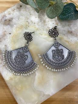 Digital Dress Room - German Oxidized Floral Ganesha White Chandbali Earrings for Women