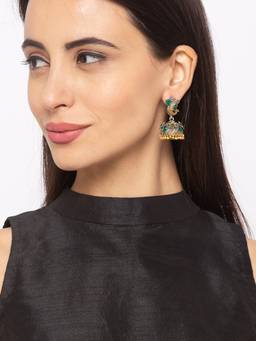 Digital Dress Room - German Oxidized Peacock Engraved Design with Green Stone Earrings