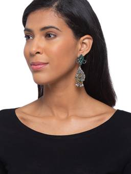 Digital Dress Room - German Oxidized Peacock Engraved with Green Stone Earrings