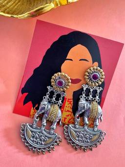 Digital Dress Room - German Oxidized Floral Elephant Pink Earrings for Women