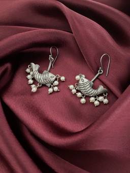 Digital Dress Room - German Oxidized Fish Designs White Dangler Earrings for Women