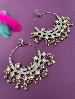 Digital Dress Room - German Oxidized Peacock Ghungroo White Dangler Earrings for Women