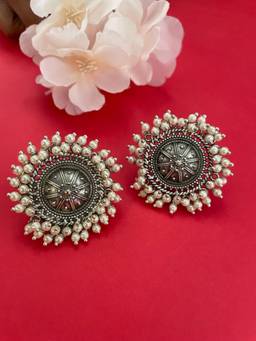 Digital Dress Room - German Oxidized Flower White Stud Earrings for Women