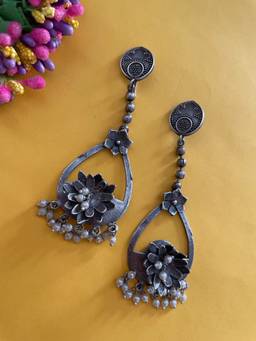 Digital Dress Room - German Oxidized Flower White Dangle Earrings for Women
