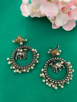 Digital Dress Room - German Oxidized Cow White Round Dangle Earrings for Women