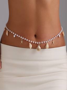 AQUASTREET - Gold Plated White Pearl and Seashell Charms Anti-Tarnish Waist Chain