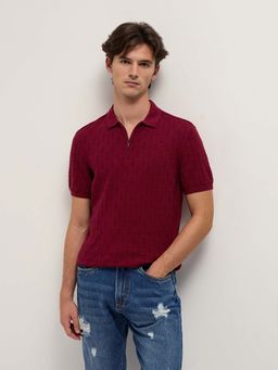 The Bear House - Men's Maroon Slim Fit Textured Casual Polo T-Shirt