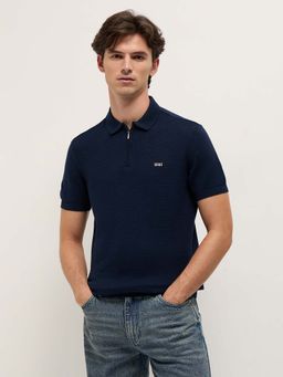 The Bear House - Men's Navy Blue Slim Fit Textured Casual Polo T-Shirt