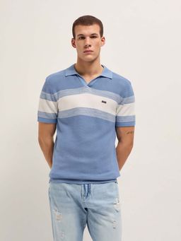 The Bear House - Men's Blue Slim Fit Colorblock Casual Polo T-Shirt