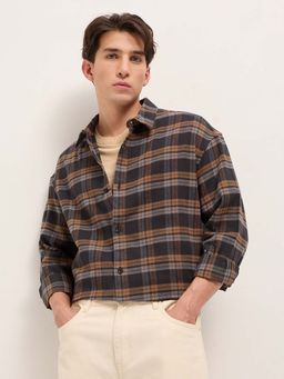 The Bear House - Men's Relaxed Fit Brown Glen Check Flannel Shirt