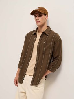 The Bear House - Men's Relaxed Fit Brown Cotton Stripe Shirt