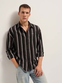 The Bear House - Men's Relaxed Fit Black Cotton Stripe Flannel Shirt
