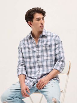 The Bear House - Men's Relaxed Fit White Glen Check Flannel Shirt