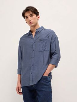 The Bear House - Men's Relaxed Fit Blue Textured Shirt