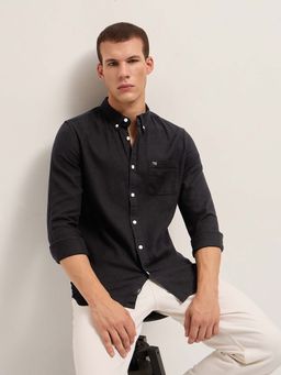 The Bear House - Men's Slim Fit Black Cotton Solid Woven Shirt