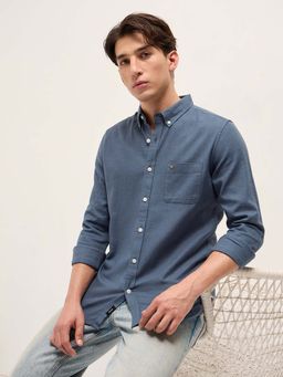 The Bear House - Men's Slim Fit Blue Cotton Solid Woven Shirt