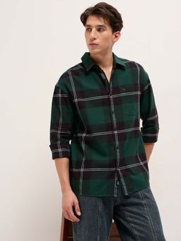 The Bear House - Men's Relaxed Fit Green Window Panel Check Flannel Shirt