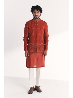 STUDIO BAGECHAA - Rust Chanderi Embellished Kurta with Pant and Jacket