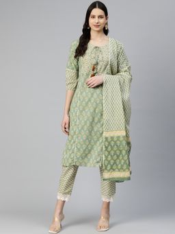 Readiprint - Straight Style Cotton Green Kurta and Bottom With Dupatta (Set of 3)