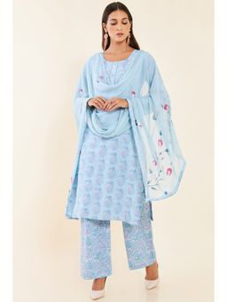 Soch - Powder Blue Cotton Unstitched Dress Material with Floral Print (Set of 3)