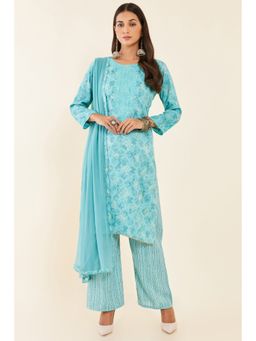 Soch - Turquoise Rayon Unstitched Dress Material with Embroidery (Set of 3)
