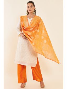 Soch - Cream and Orange Chanderi Unstitched Dress Material with Zari Woven Design (Set of 3)