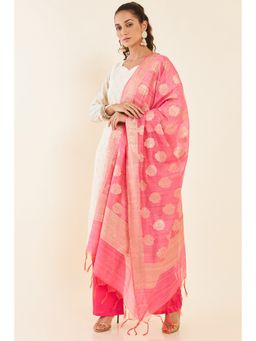 Soch - Cream and Pink Chanderi Unstitched Dress Material with Zari Woven Designs and Motifs (Set of 3)