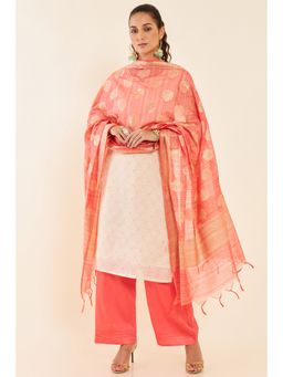 Soch - Cream & Coral Chanderi Unstitched Dress Material with Zari Woven and Motifs (Set of 3)