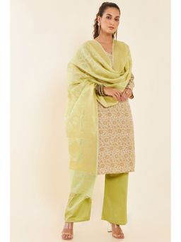 Soch - Beige Chanderi Unstitched Dress Material with Floral Designs and Green Dupatta (Set of 3)
