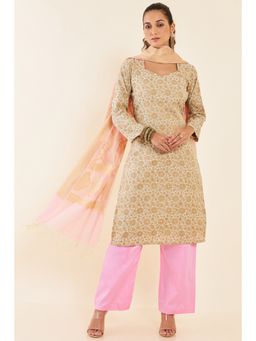Soch - Beige Chanderi Unstitched Dress Material with Floral Designs and Pink Dupatta (Set of 3)