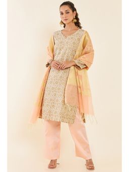 Soch - Beige Chanderi Unstitched Dress Material with Floral Designs and Coral Dupatta (Set of 3)