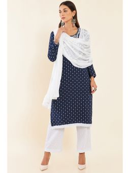 Soch - Navy Bule Rayon Unstitched Dress Material with Embroidery and Geometric Print (Set of 3)