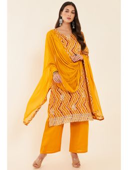 Soch - Mustard Cotton Unstitched Dress Material with Leheriya Print and Floral Embroidery (Set of 3)