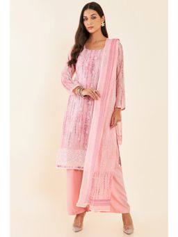 Soch - Blush Pink Chanderi Unstitched Dress Material with Bandhani Print and Embroidery (Set of 3)