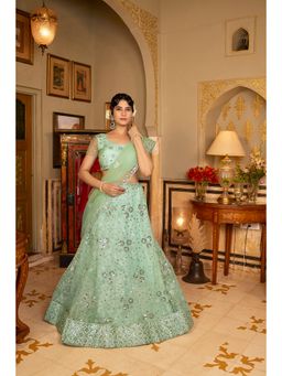 Pink Ethnic - Sea Green Sequins Embroidered Net Lehenga Choli