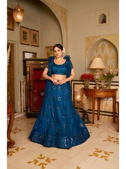 Pink Ethnic - Royal Blue Sequins Embroidered Net Lehenga Choli