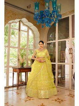 Pink Ethnic - Light Yellow Sequins Embroidered Net Lehenga Choli