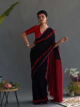 Suta - Black Colorblocked Cotton Acrylic Saree