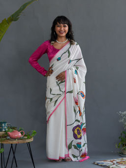 Suta - White Floral Printed Pure Cotton Saree
