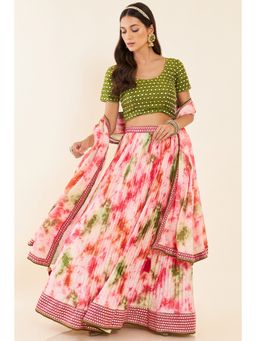 Soch - Coral Georgette Unstitched Lehenga with Mirror Work (Set of 3)