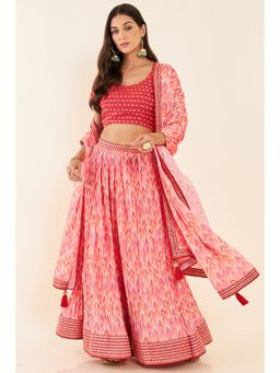 Soch - Pink Georgette Unstitched Lehenga with with Mirror Work (Set of 3)