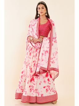 Soch - Pink and Cream Georgette Unstitched Lehenga with Mirror Work (Set of 3)