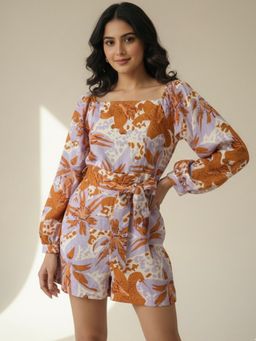 HOUSE OF JAMOTI - Brown Canvas Printed Playsuit with Belt