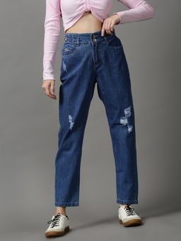 SHOWOFF - Women's Mildly Distressed Mom Fit Blue Denim Jeans