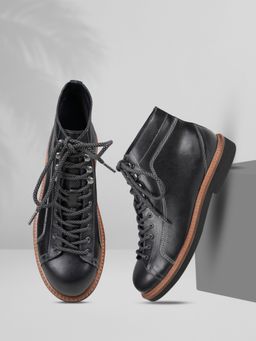 EZOK - Men Lace Up Black Leather Casual Boots
